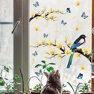 Window Clings Flower Bird Butterfly Window Stickers Spring Summer DIY Floral Tree Branches Window Decals Double Sided Anti Collision Window Bird Stickers Decals Glass Doors Window Clings Decor