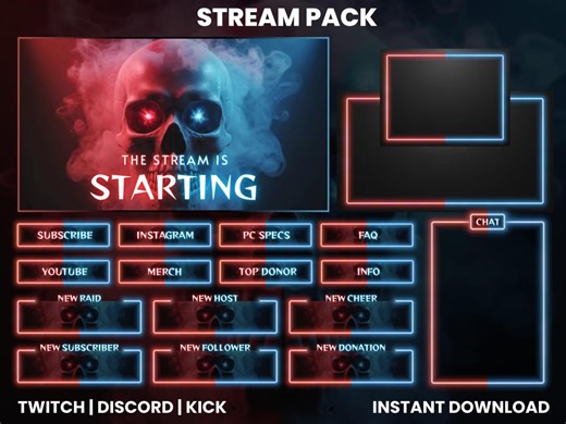 Neon Red and Blue Skull Twitch Stream Pack | Animated Overlay, Screens & Panels