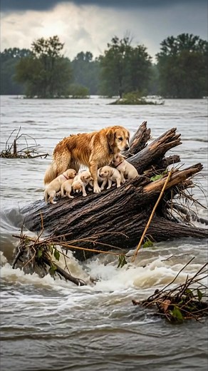 Stranded! Brave Mother Dog Protects Puppies in Raging Flood 🌊🐕 Witness a heart-stopping moment of nature's power and a mother’s love. In this video, a brave Golden Retriever stands guard over her litter of puppies as they find refuge on a fallen tree trunk in the middle of a flooded river. Hashtag: #AnimalRescue #GoldenRetriever #DogLovers #Flood #SurvivalStory #Puppies #NatureIsScary #BraveDog #ViralAnimals #EmotionalVideo | Rithy's Stories