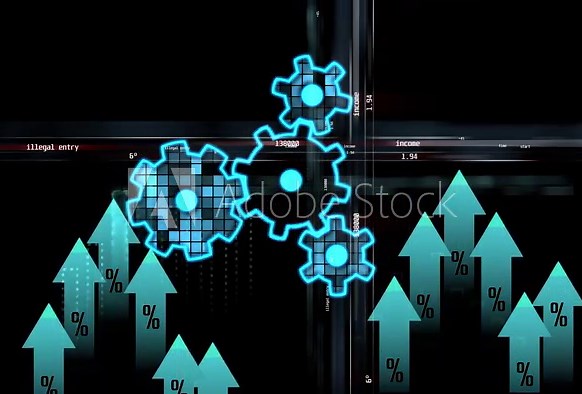 Gears and movement graphs of global economic activity against the background of a coordinate system with words and numbers. Cg footage