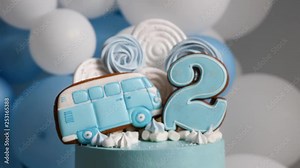 cake blue number two and the bus in the form of gingerbread