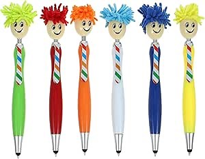 VILLCASE 6pcs Mophead Ballpoint Pen, Plush Hair Mop Head Pen Colorful Mophead Click Pens, Cartoon Students Writing Pen Plastic Ballpoint Pen for School Office Home
