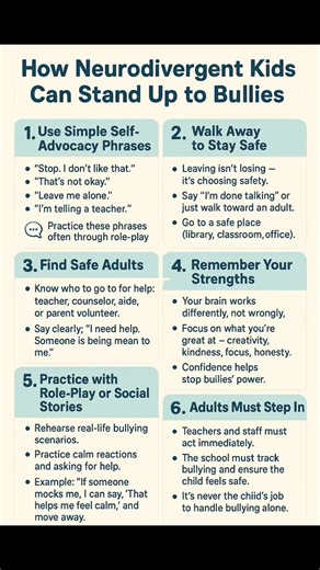 Helping a neurodivergent child stand up for themselves requires a mix of self-advocacy skills, safety strategies, and consistent adult support — because expecting a child to handle bullying alone is never fair or safe.This guide empowers kids with practical tools while also reinforcing that bullying is never their fault. It’s a balanced approach combining self-advocacy, safety, adult support, and self-confidence.#StopBullying#EndBullying#BullyingAwareness#AntiBullyingCampaign | About Autism