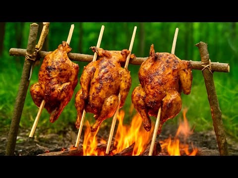 Unbelievable Fire-Roasted Chickens in the Wild | Primitive Forest Feast