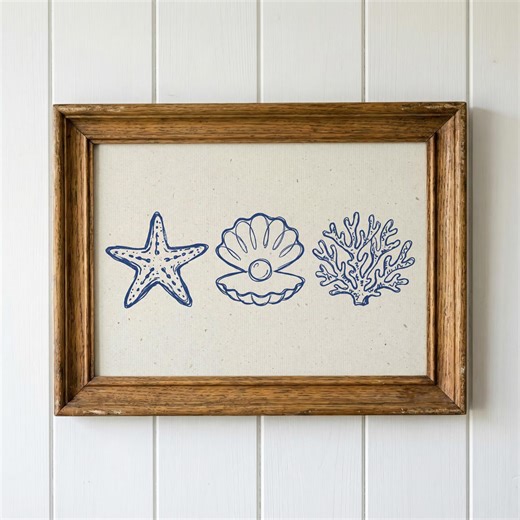 Blue Coastal Seashell Trio Art Print - Starfish Shell Coral Beach House Decor - Etsy
