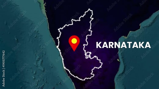 Karnataka map highlighted on India map. State location marker and geographic focus animation