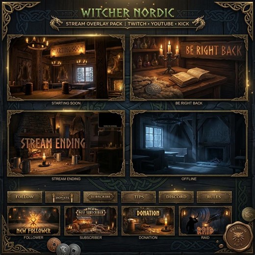 Nordic Fantasy Stream Overlay Pack – Medieval RPG Twitch Alerts, Panels, Webcam Frame, OBS Streamlabs - Etsy