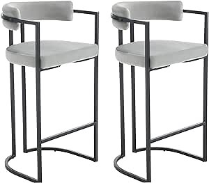 Guyou Modern 30 Inch Barstools Set of 2, Grey Velvet Bar Stools with Curved Back, Upholstered Barrel Bar Stools with Black Legs, Kitchen Island Stools for Dining Room Home Bar