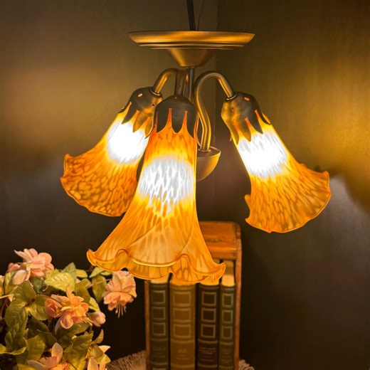 Marbled Amber Glass Tulip Ceiling Light, 3 Lights, Art Nouveau Style, Semi-recessed Brushed Metal - Etsy UK