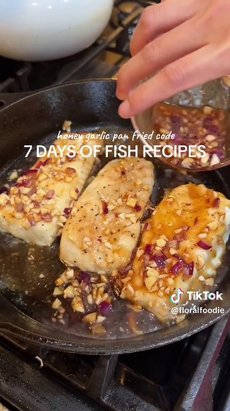 Save this for healthy meal prep, or serve it for dinner with hearty sides for a balanced meal. Ingredients for Pan-Seared Honey Garlic Cod Recipe: 3 fillets of cod 4 tbsp honey 5 cloves garlic 1 shallot (optional) 2 tbsp lemon juice 1 tbsp olive oil 1 tbsp coconut aminos or low sodium soy sauce (I used coconut aminos) 1/4 tsp paprika 1/2 tsp salt 1/2 tsp black pepper 1 tbsp chopped cilantro/ or parsley to garnish Instruction: 1. Season codfish fillets with salt and pepper. 2. Combine honey, garl