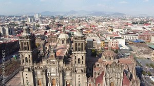 Mexico City: Aerial view of capital city of Mexico, Mexico City's main square Plaza de la Constitucion (El Zócalo) and Metropolitan Cathedral - landscape panorama of North America from above