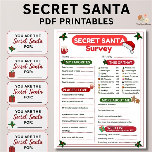 Secret Santa Survey & Name Tags Bundle | Printable Gift Exchange (PDF) - Etsy