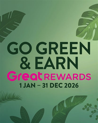 Going greener with Allgreen Malls in 2026! ♻️🌿 From now till 31 Dec 2026, bring your own reusable bag, cup or container when you shop with us and enjoy a chance to win Great Rewards Points instantly. ✨ Now with up to 6,500 redemptions available! How to join: ✅ Spend $40 at supermarket or $20 at any other participating retailer in a single receipt ✅ Get your receipt stamped by the retailer and scan it in the Great Rewards app ✅ Upon receipt approval, receive an instant-win scratch card in the ap