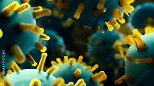 Viral particles with typical protrusions on their surface, colored yellow and blue. Concept: a detailed understanding of viral structure.