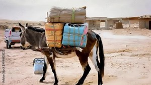 A donkey skillfully carries a heavy load of colorful bales across a dry landscape, showcasing traditional transportation methods in a rural setting.