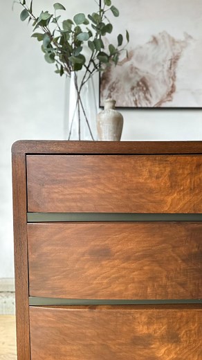 Ashley Brandfass on Instagram: "What do you think of this stain color? I know lighter stains are in BUT I am so here for the dark & moody vibes 🙌 Products used: ➕Carbide scraper - Linked in Amazon Shop ➕Orbital sander @dewalttough ➕Detail sander - @surfprepsanding Use code ADASH to save 10% ➕Bondo all purpose putty ➕Slurry mix - @barkeepersfriend ➕Paint - @behrpaint in the color Black Bean ➕Poly - @minwaxusa in a satin finish #dressermakeover #midcenturymodern #darkwalnut #furnituredesign"