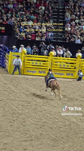 @kassie mowry with the big win! With a string of incredible horses, she clinched the World Championship. A lot of people bet against her because Jarvis couldn't attend, but she still got it done with a couple of very different horses. This showcases her adaptability and versatility as a rider. #nfr #barrelracer #barrelracing #wpra #prca #kassiemowry #cornbread #rodeo #lasvegas