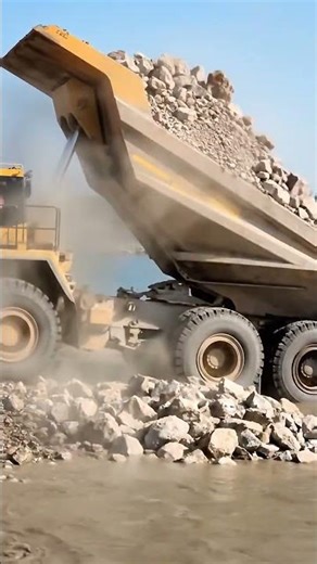 massive dump truck unloading rock dumping operation to reinforce wather edge. and dozer fall ,
