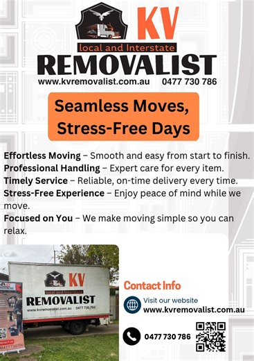 🚛 Seamless Move, Stress-Free Days with KV Removalist! 😌✨ Make your next move effortless with KV Removalist – Your Trusted Moving Partner in Sydney. Our expert movers handle everything — from packing and loading to transport and setup — ensuring a smooth, safe, and affordable moving experience. 🏡 Whether you’re moving locally or interstate, we take the stress out of your relocation so you can enjoy a fresh start with peace of mind. 💪 📦 Professional | Reliable | On-Time | Affordable 📞 Call u