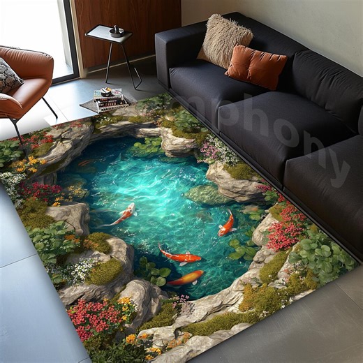 3D Optical Illusion Lake Rug, Koi Fish Pond Area Rug - Etsy