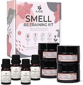Ilios Olfactory Smell Training Kit, 4 Essential Oils, All Natural Stimulating Aromatherapy for Loss of Senses with Lemon, Clove, Rose, Eucalyptus, and Accessories