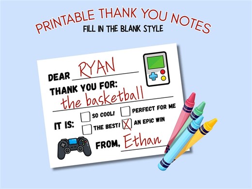 Kids Printable Thank You Notes, Fill in the Blank Thank You Notes, Video Game Birthday Thank You Notes, Preschool Birthday Thank You Cards - Etsy Canada