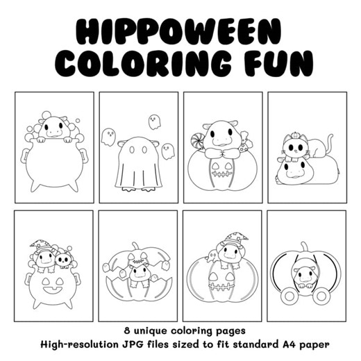 HipPOWeen Coloring Pages - 8 Halloween Hippo Designs