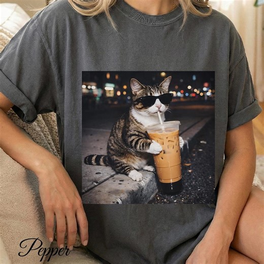 Funny Cat Iced Coffee Shirt, Meme Cat Drinking Coffee Tee, Sarcastic Animal Shirt, Coffee Lover Gift, Comfort Colors® Cat Lover Shirt - Etsy