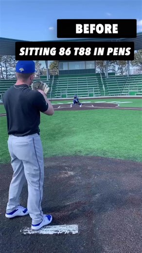Logan Smith went from sitting 86 T88 in pens to 89-90 T92 in 6 months. ⁠ ⁠ First video was from his initial assessment, sitting 86mph in pens with an all time best of 88mph.⁠ ⁠ Really inconsistent fastball profile. Could run out on the side the ball a ton which obviously led to some crazy fluctuations in shape and velo, and some crazy extension.⁠ ⁠ Second video is him ripping 92mph in one of his last fall bullpens for a lifetime PR 😮‍💨⁠ ⁠ Check out some of the physical transformations this dud