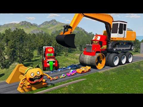 Big & Small McQueen & Police Car vs Zombie Mack, Giant Speed Bumps Downhill Race – BeamNG.drive