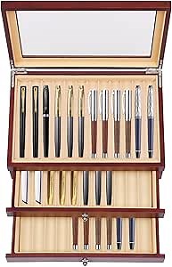 34 Slots Pen Display Box, Wood Pen Organizer Box, Top Glass Window Pen Collection Display Case, Luxury Pen Collector Case As Father's Day Gift (34 Slots BlackRed)