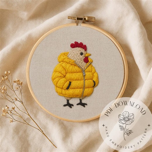 Chicken in Jacket Embroidery Pattern, Beginner DIY (PDF Download, 3-8 Inch Hoop Sizes) - Etsy