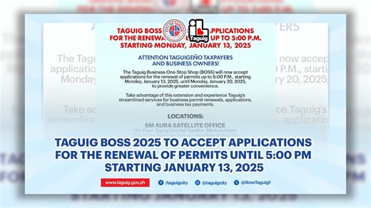 WATCH: Ngayong araw pakinggan ang mga sumusunod na anunsyo o updates ng Lungsod Ng Taguig: - TAGUIG BOSS 2025 TO ACCEPT APPLICATIONS FOR THE RENEWAL OF PERMITS UNTIL 5:00 PM STARTING JANUARY 13, 2025 #ILoveTaguig | I Love Taguig