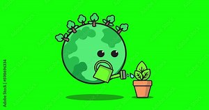 Animation of earth taking care of plants, protecting the environment, green screen background. Cartoon in 4k resolution