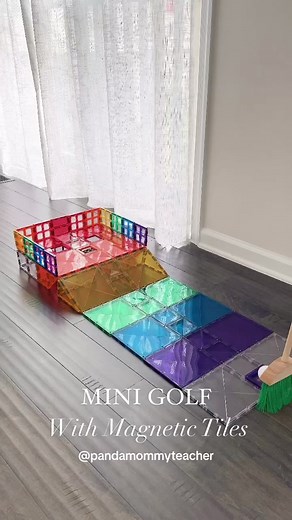 ⛳️ SAVE this Mini Golf game idea ! We created a mini golf course using the @Connetix Tiles. Originally I designed it with one hole, but Mr. 6 insisted I added more holes. We even made ramps underneath each hole so the balls roll right out. We didn’t have a kid putter, so we used a little play broom. You can certainly make your own as well. Magnetic Tiles Used: 12 large squares 9 isosceles triangles 2 right triangles 4 open door frames 50 small squares Thank you @Tara for this fun idea. Follow @p