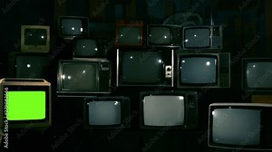 Pile of Old Retro TVs Screen from 80s and One TV turning Off Green Screen. Zoom Out. Blue Steel Tone.