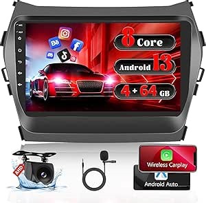 Fuluku【8 Core 4+64GB】 for 2013-2017 Hyundai Santa Fe Android 15 Car Stereo with Wireless Carplay Android Auto, 9'' Touch Screen Radio Dash Kit GPS/WiFi/32EQ DSP/Bluetooth 5.0/SWC/Mic, Backup Cam