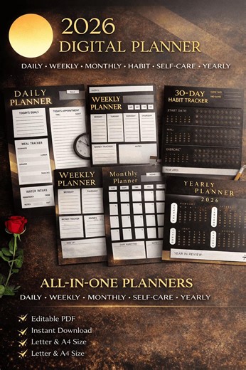 2026 Digital Planner, Daily Weekly Monthly, Black & Gold (PDF Printable Bundle) - Etsy Australia