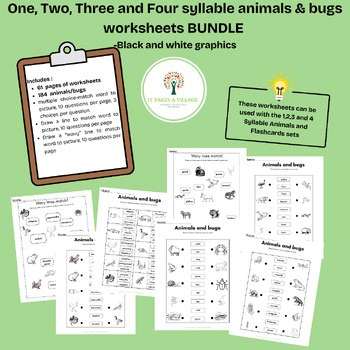 Speech-1,2,3 and 4 syllable animals and bugs worksheets BUNDLE