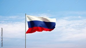 Flag Russia against cloudy sky. Russian flag waving in the wind, national symbol. Country, nation, union, flag, government, Russian culture, politics.