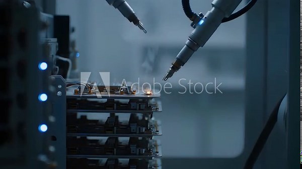 Automated robotic welding process on circuit board manufacturing in modern factory setting