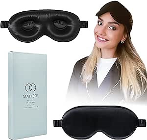 MATASSE Silk Eye Mask for Sleeping with Adjustable Elastic Band - 3D Contoured, Eye Cover Sleep Mask w/Genuine Mulberry Silk Including The Strap for Women, Men (Black)