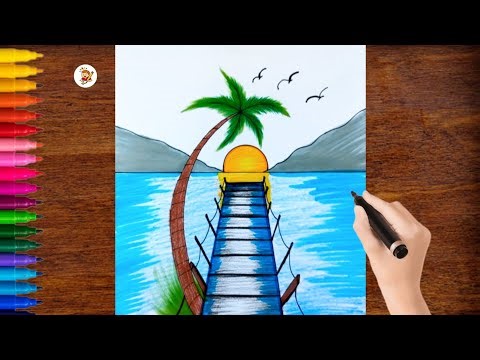 Beautiful Scenery Drawing Step by Step | Easy Sunset Scenery Drawing