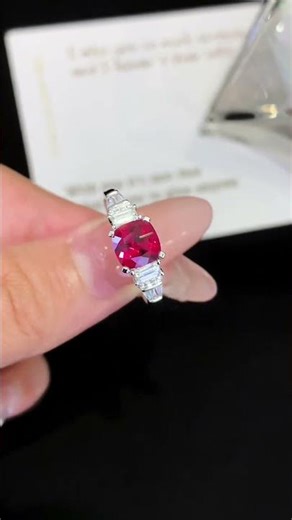 “Vintage Style Ruby Ring, Emerald Cut Red Gemstone with Baguette Accents