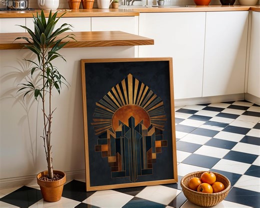 Art Deco City Wall Art Print, Geometric Sunburst Poster, Navy & Gold Architecture Décor, Vintage Style - Etsy