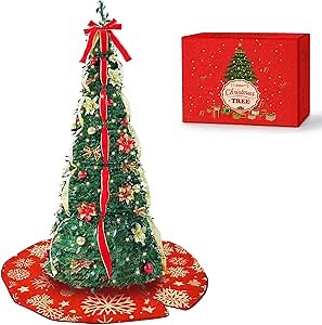 6FT Pre-lit Pop Up Christmas Tree, Pre-Decorated Artificial Xmas Tree with 200 LED Lights, Include 24 Golden&Red Balls, 15 Golden&Red Flowers, 18 Bowknots,3 Golden&Red Glitter Ribbons and Tree Skirt