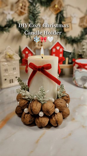 DIY Cozy Christmas Candle Holder 🎀🤍 #craft #creative #diy #recycle #christmas #winterdecor #handmade #decoration #magical #winter #candleholder #holidayseason #christmastime | Art is life