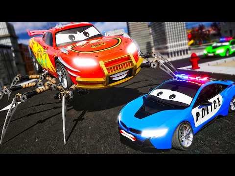 Epic Escape! Lightning McQueen Spider Car vs Police Cars | Crazy City Battle