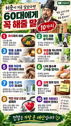 허준이 지금 살아있다면 60대에게 꼭 해줄 건강 조언 10가지🌿 잘 먹고, 잘 자고, 매일 움직이는 작은 습관이 건강한 노년을 만듭니다.#허준 #동의보감 #6070 #건강정보 #