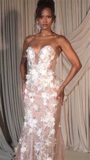 Portia and Scarlett PS26248 - Floral Bodice Plunge Sweetheart Dress Beige White